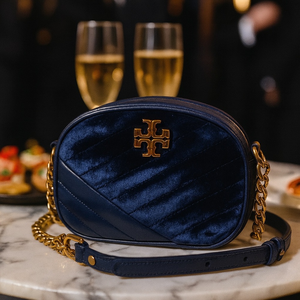 NEW Tory Burch Kira Chevron Harbor Blue Velvet Small Camera Crossbody Bag